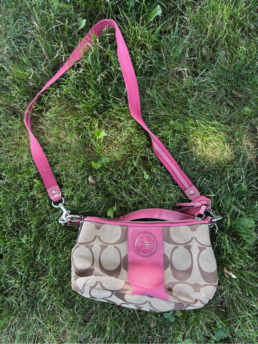 Coach Signature Jacquard Pink Crossbody Shoulder Bag Y2K Beige Canvas Leather